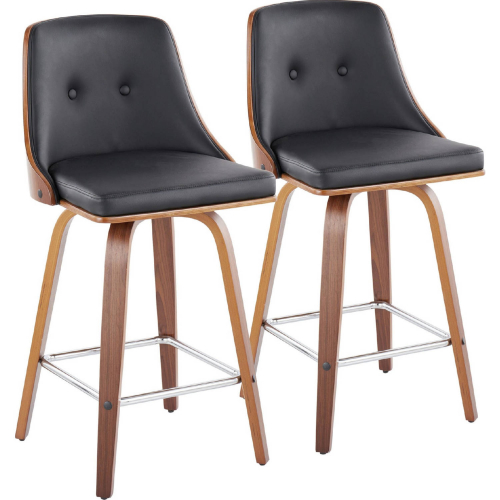 Gianna Swivel Counter Stool in Walnut Wood & Light Black Leatherette w/ Chrome Footrest (Set of 2)